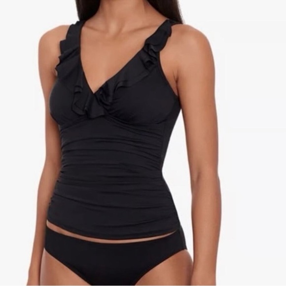Lauren Ralph Lauren Ruffled V-Neck Tankini Swim Top Size Small In Black - Picture 1 of 8
